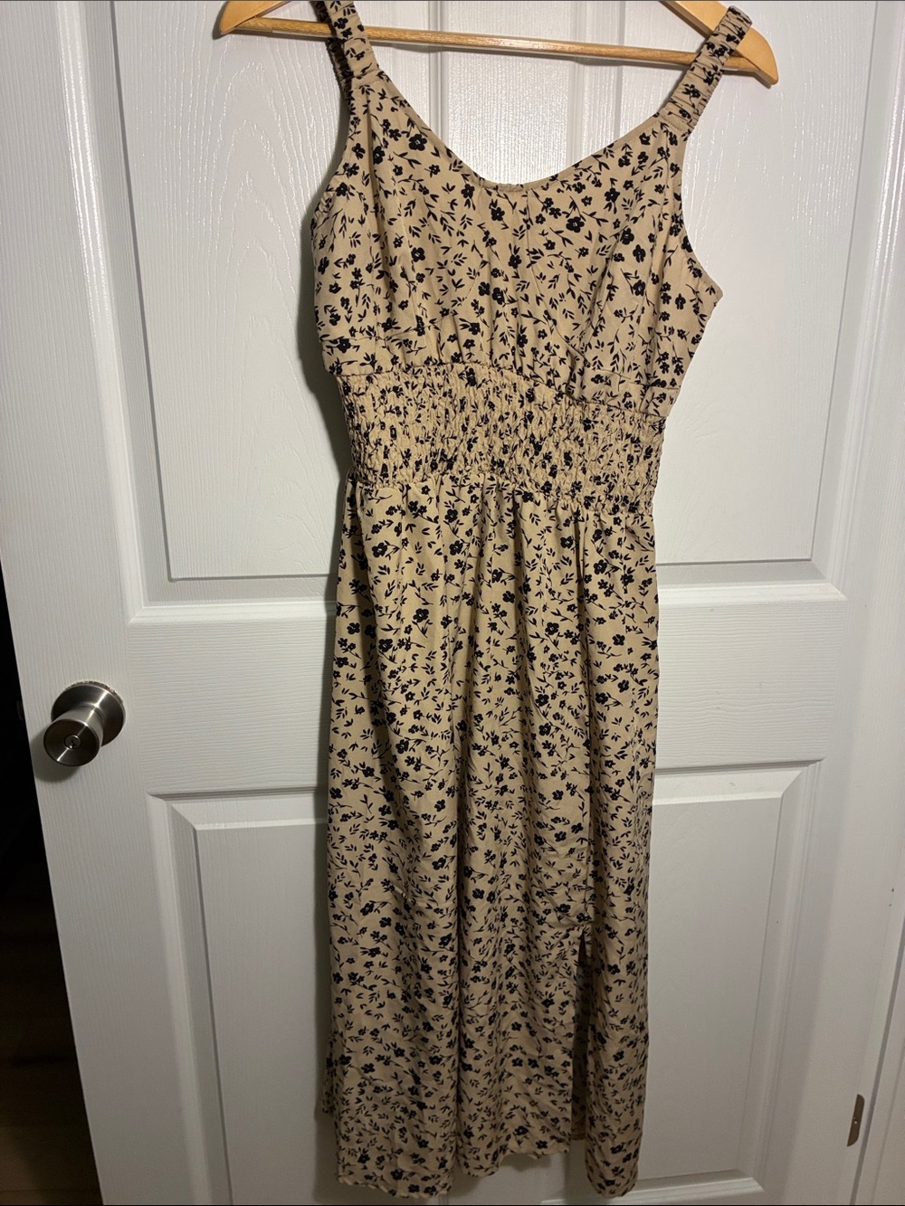 Beige Floral Smocked Midi Dress - Casual Summer Style